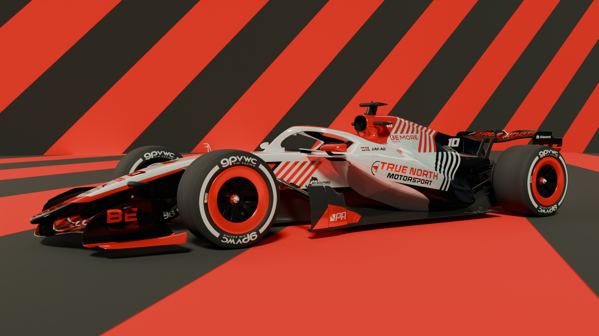 Red, white and black racecar livery design by BE MORE Create, my most recent work