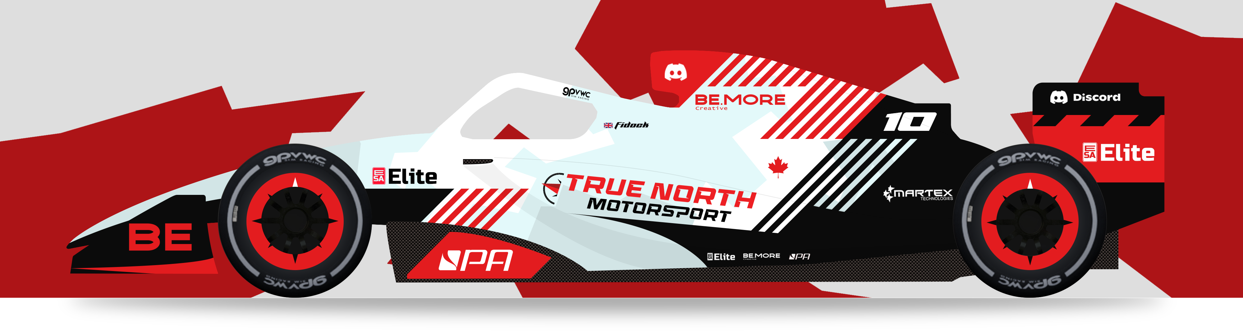 Red and white racecar livery design for True North Motorsport by Hermes Designs