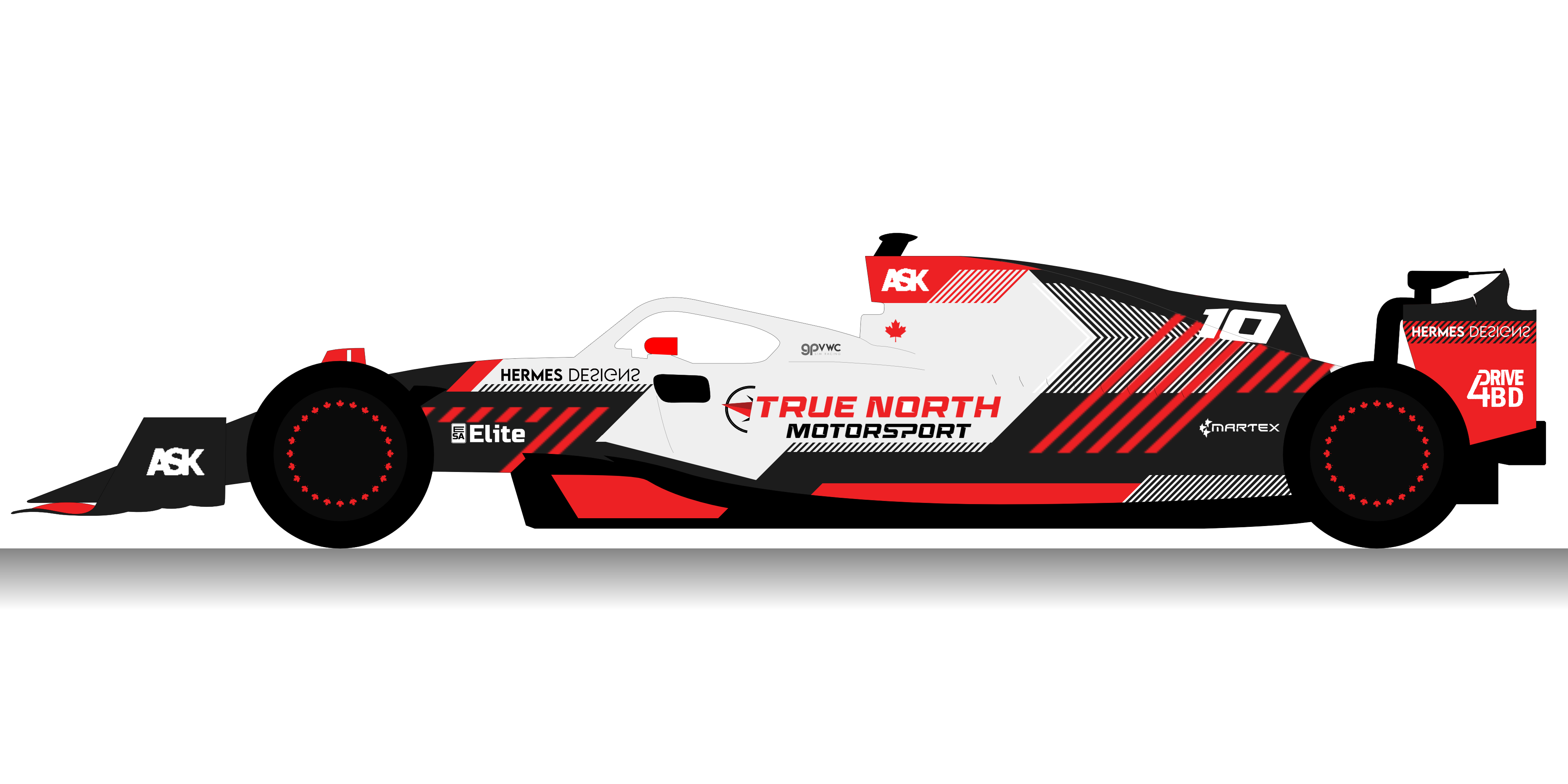 Red and white racecar livery design for True North Motorsport by Hermes Designs