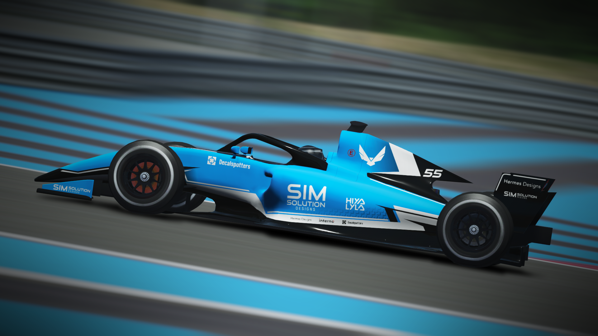 Blue, black and white racecar livery design